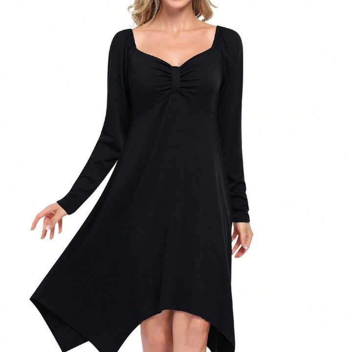 Women’s asymmetrical long sleeve dress with gathered bustier, empire seam, and pointed hem Mune Fashion