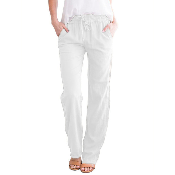Women Light Linen Look Palazzo Pants with Elastic Waist, Drawstring and Side Pockets Mune Fashion