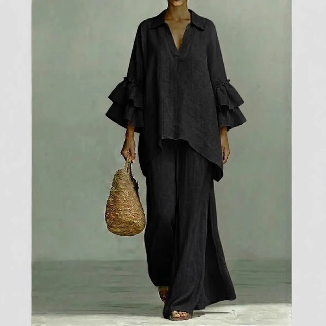 Ladies Linen Loungewear Set with Ruffle Sleeves and Wide Palazzo Pants Mune Fashion