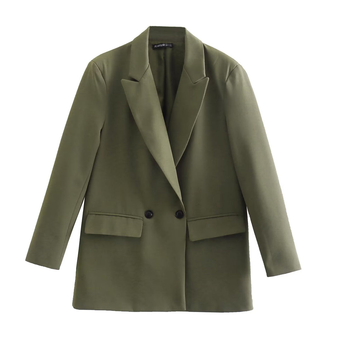 Ladies Double-Breasted Long Blazer with Wide Shawl Collar and Patch Pockets Mune Fashion