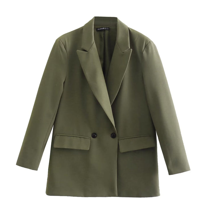 Ladies Double-Breasted Long Blazer with Wide Shawl Collar and Patch Pockets Mune Fashion