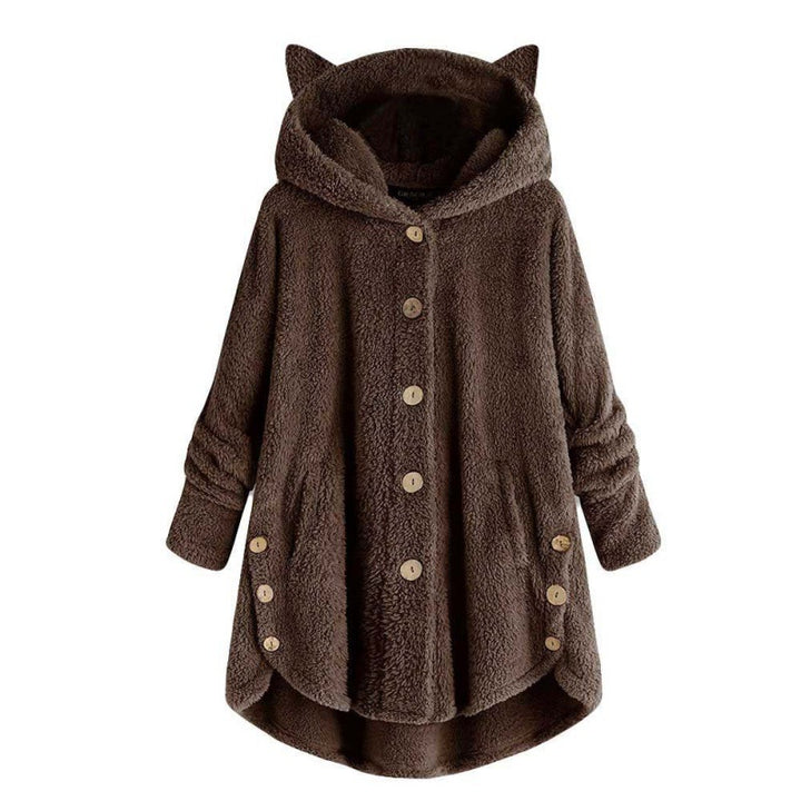 Women's Hooded Teddy Coat with Cat Ears, Button Placket and Asymmetrical Hem Mune Fashion