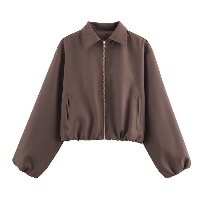 Ladies short fitted bomber jacket with shirt collar, concealed zipper and elastic hem Mune Fashion