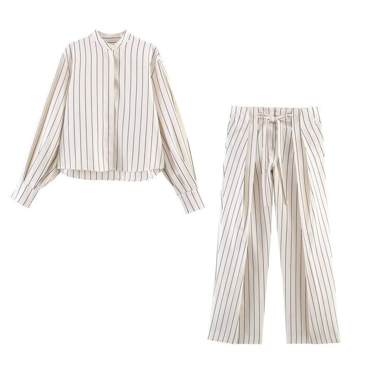 Women's Two-Piece Casual Pinstripe Set: Stand Collar Blouse & Loose High Waist Pants Mune Fashion