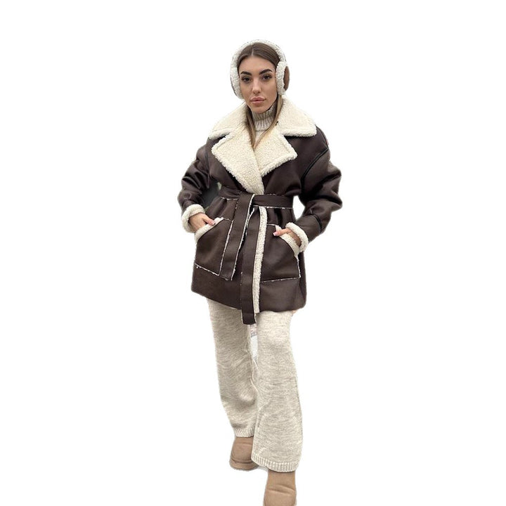 Women Oversized Sheepskin Imitation Coat with Contrasting Shawl Collar and Tied Belt Mune Fashion