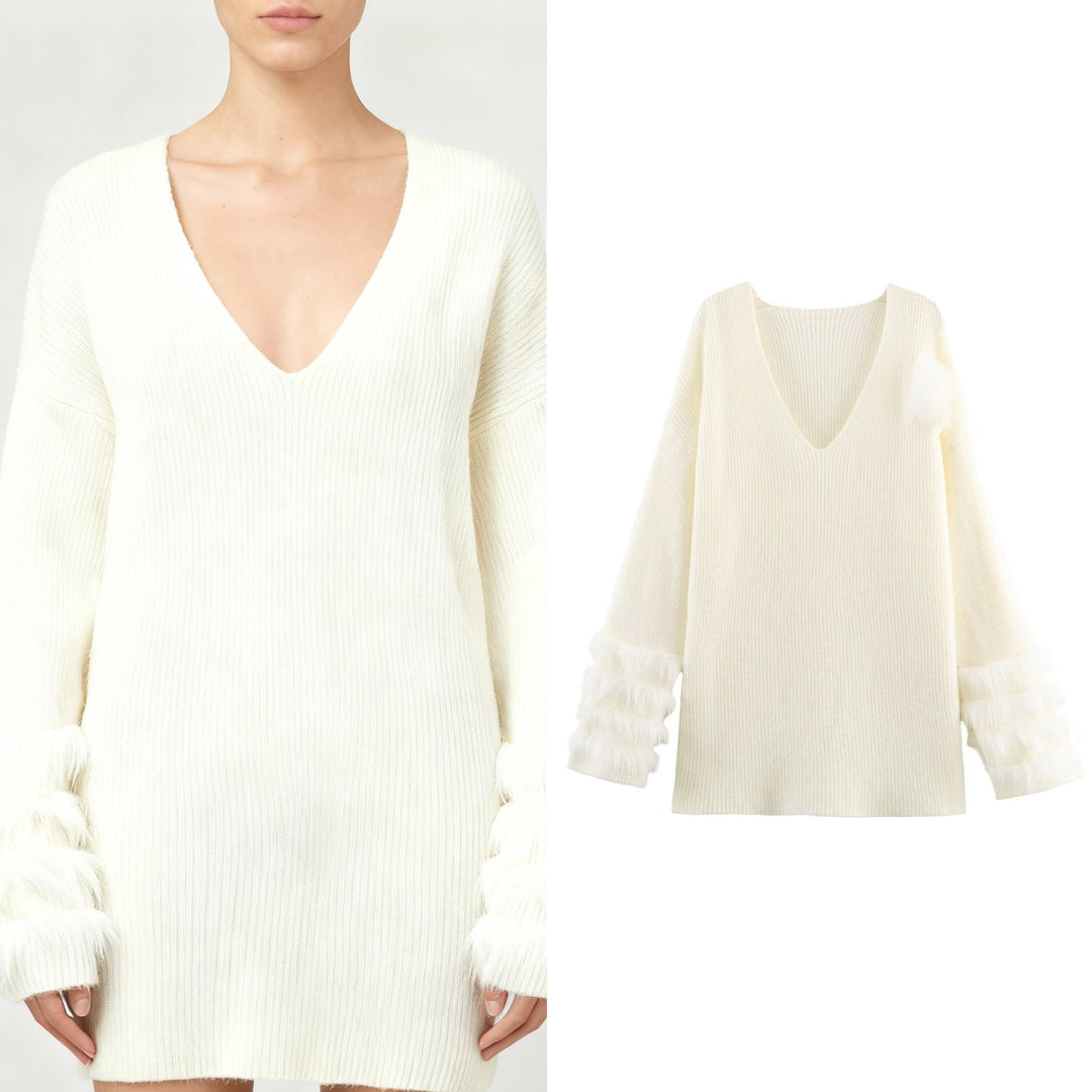 Ladies fine knit mini dress with deep V-neckline and layered faux fur sleeves Mune Fashion