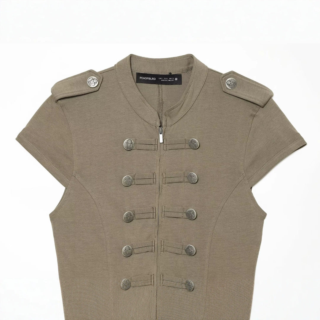 Women’s short-sleeved military-inspired vest with decorative straps and metal buttons Mune Fashion