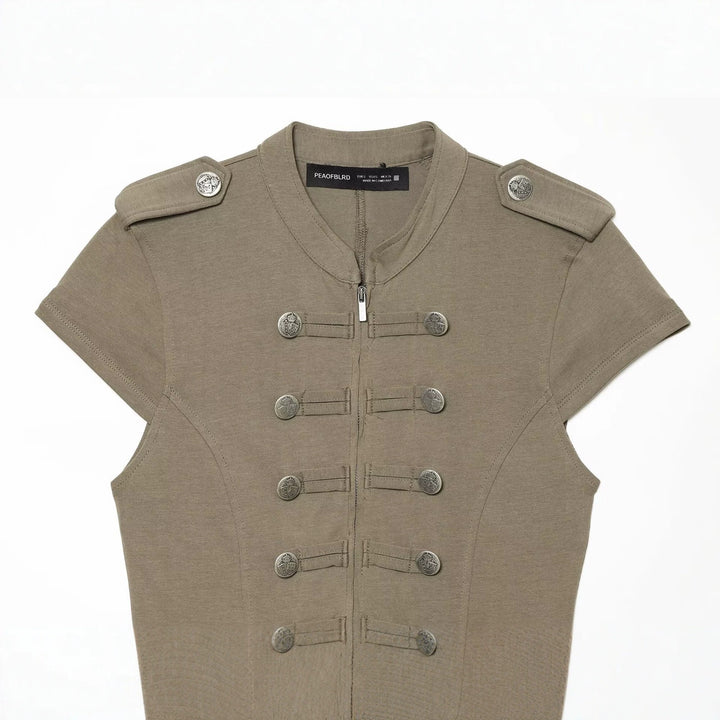 Women’s short-sleeved military-inspired vest with decorative straps and metal buttons Mune Fashion