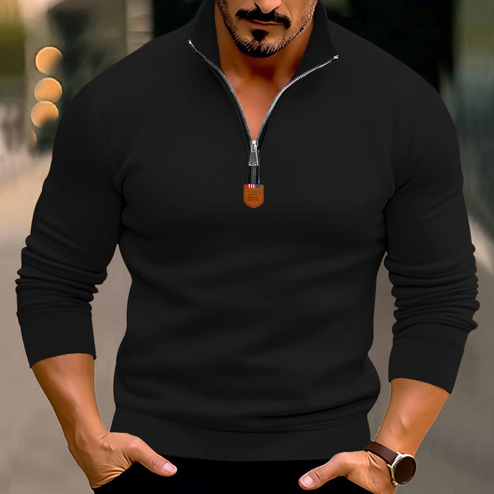Men's narrow cut fine knit pullover with short zipper, shaping seams, and stretch waistband Mune Fashion