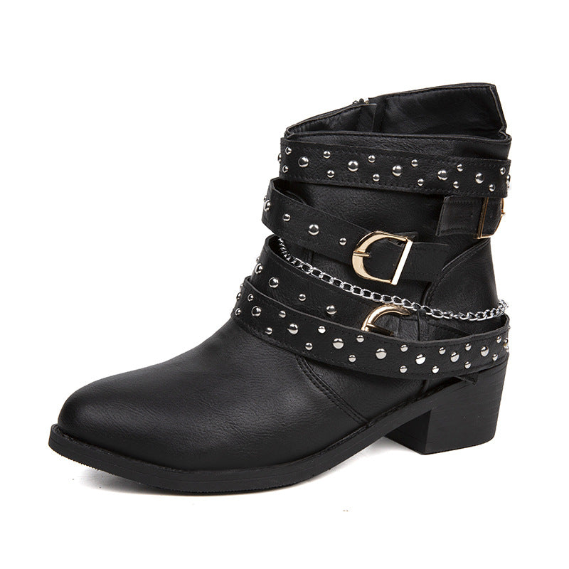 Women's ankle-height biker ankle boots with studded strap, chain and buckle details Mune Fashion