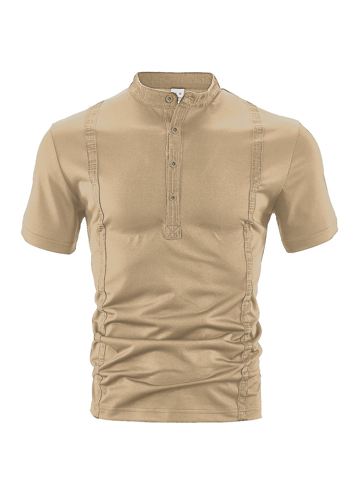 Men's short sleeve stand collar shirt with concealed button placket, decorative piping and fitted silhouette Mune Fashion