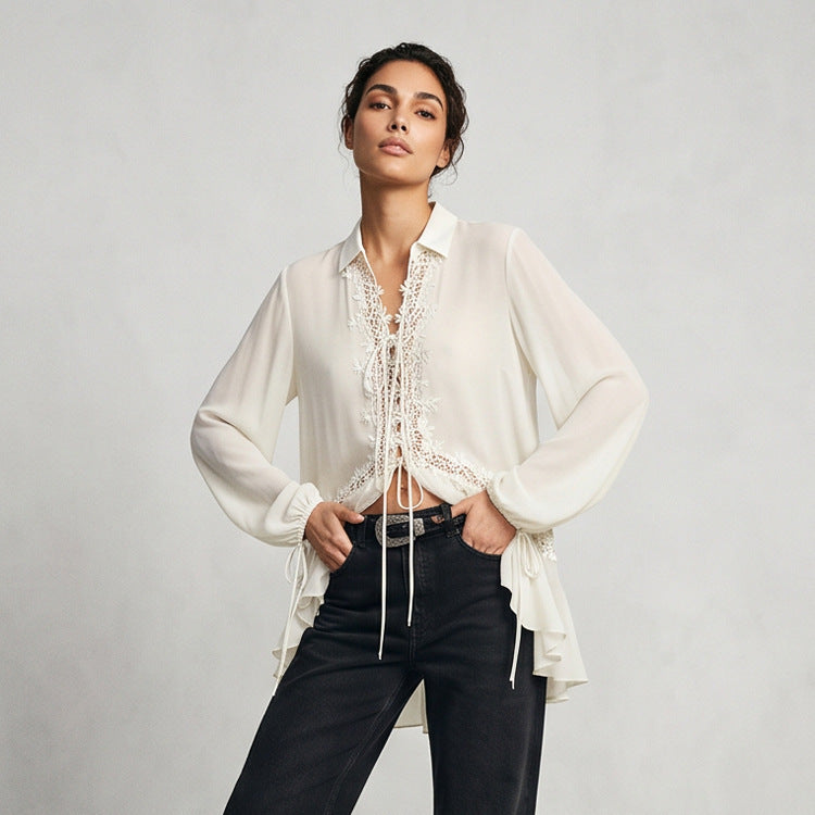 Women Transparent Chiffon Blouse with Lace Trim, Tie Band & Asymmetrical Ruffle Hem Mune Fashion
