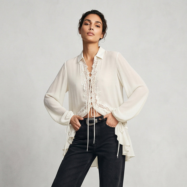 Women Transparent Chiffon Blouse with Lace Trim, Tie Band & Asymmetrical Ruffle Hem Mune Fashion