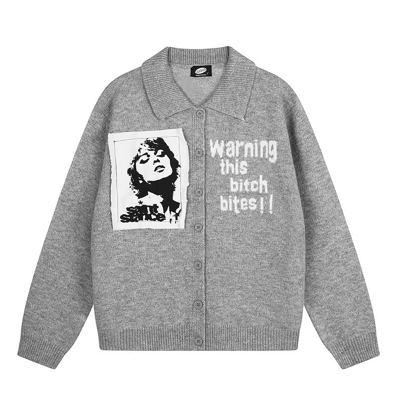 Women's knitted cardigan with shirt collar, button placket, and statement patch Mune Fashion