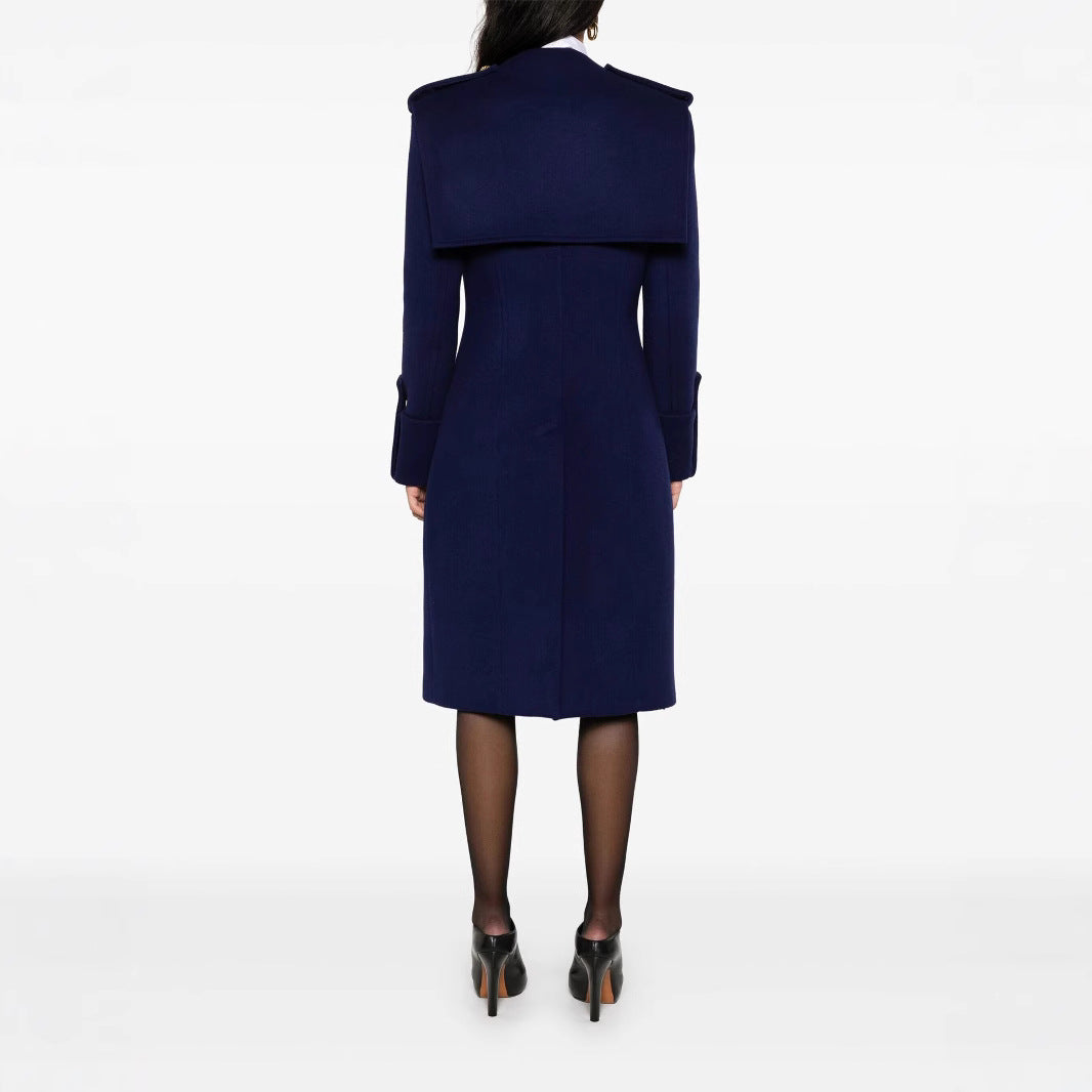 Women's Double-Breasted Coat with Cape Insert, Epaulettes and Decorative Straps Mune Fashion