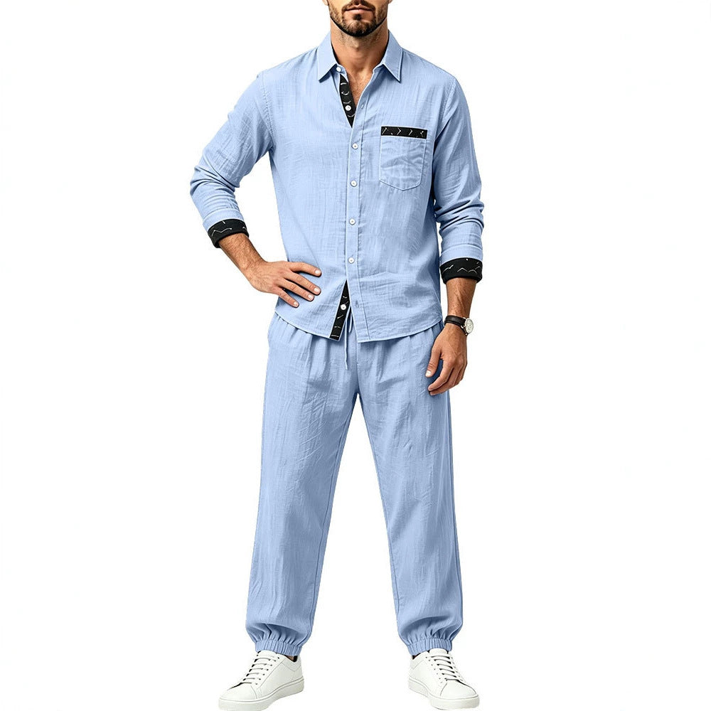 Men's Lightweight Cotton Loungewear Two-Piece Set with Shirt and Drawstring Joggers Mune Fashion