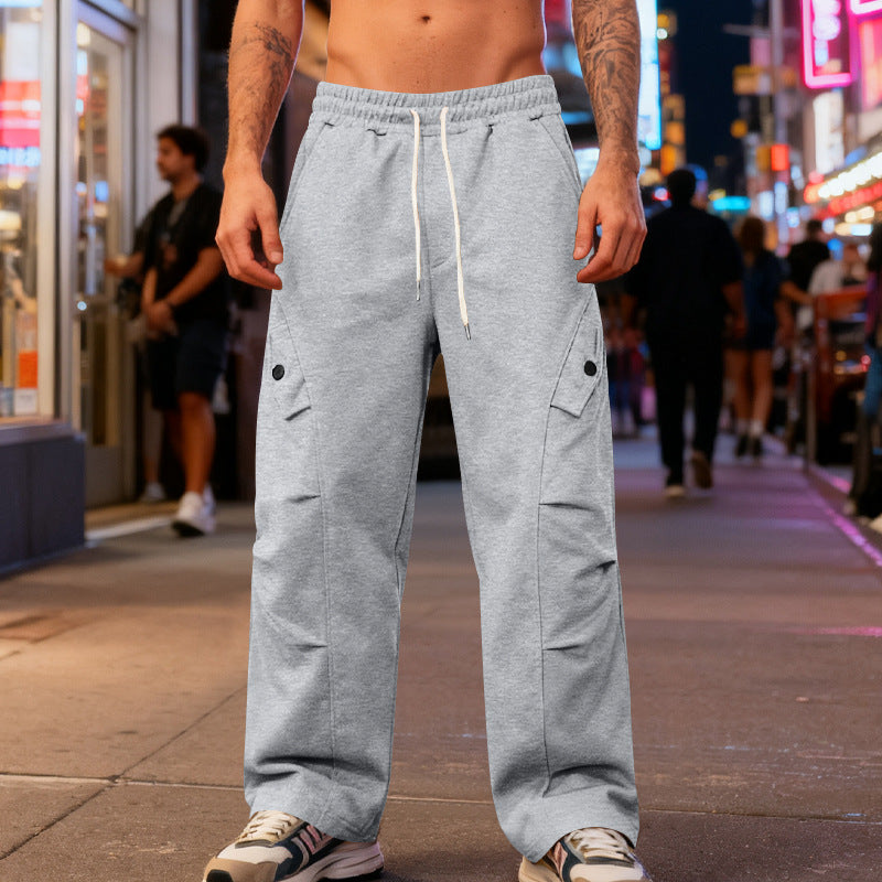Men's wide cargo street pants with elastic drawstring waistband and functional flap pockets Mune Fashion