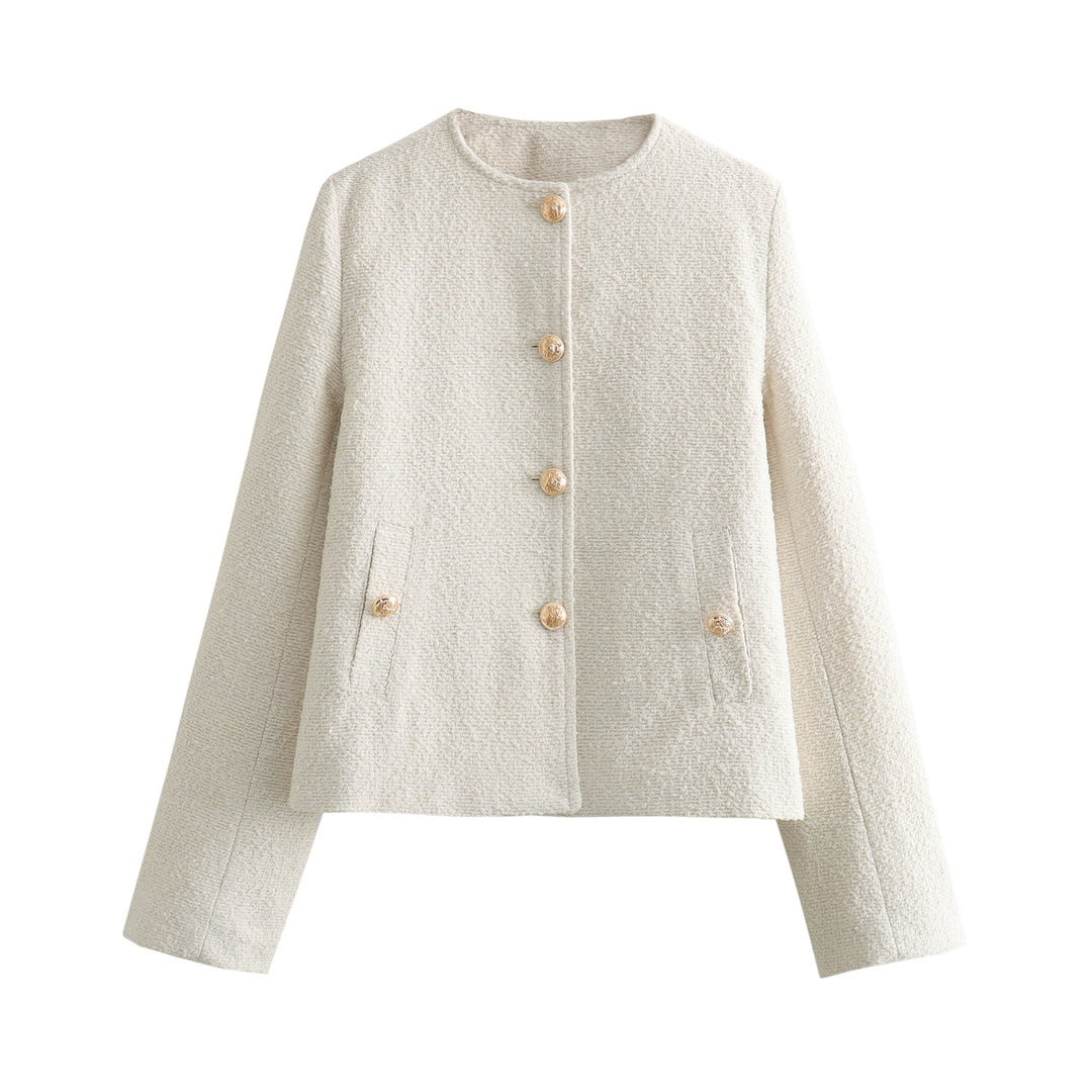 Women's elegant bouclé cropped jacket with round neckline, gold button details, and patch waist pockets Mune Fashion