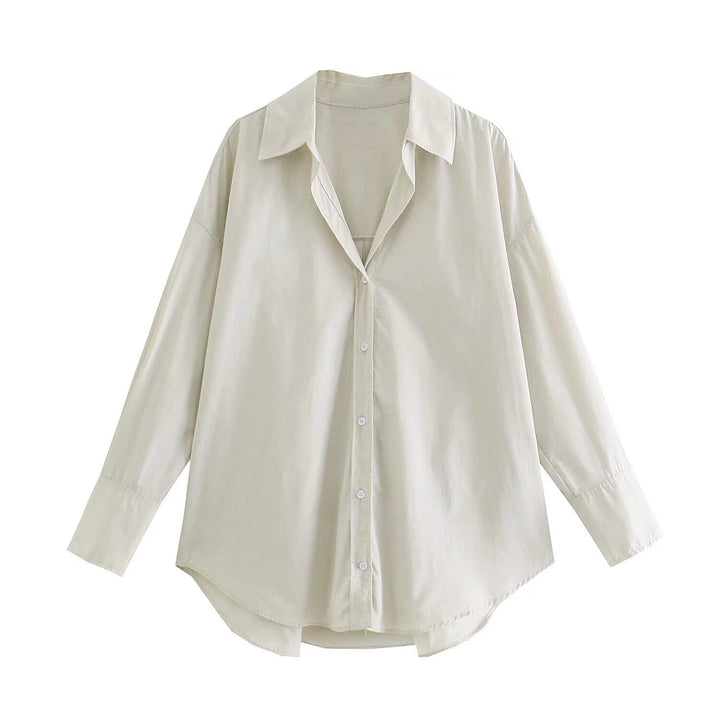 Women's oversized long blouse with Kent collar, continuous button placket and rounded hem Mune Fashion