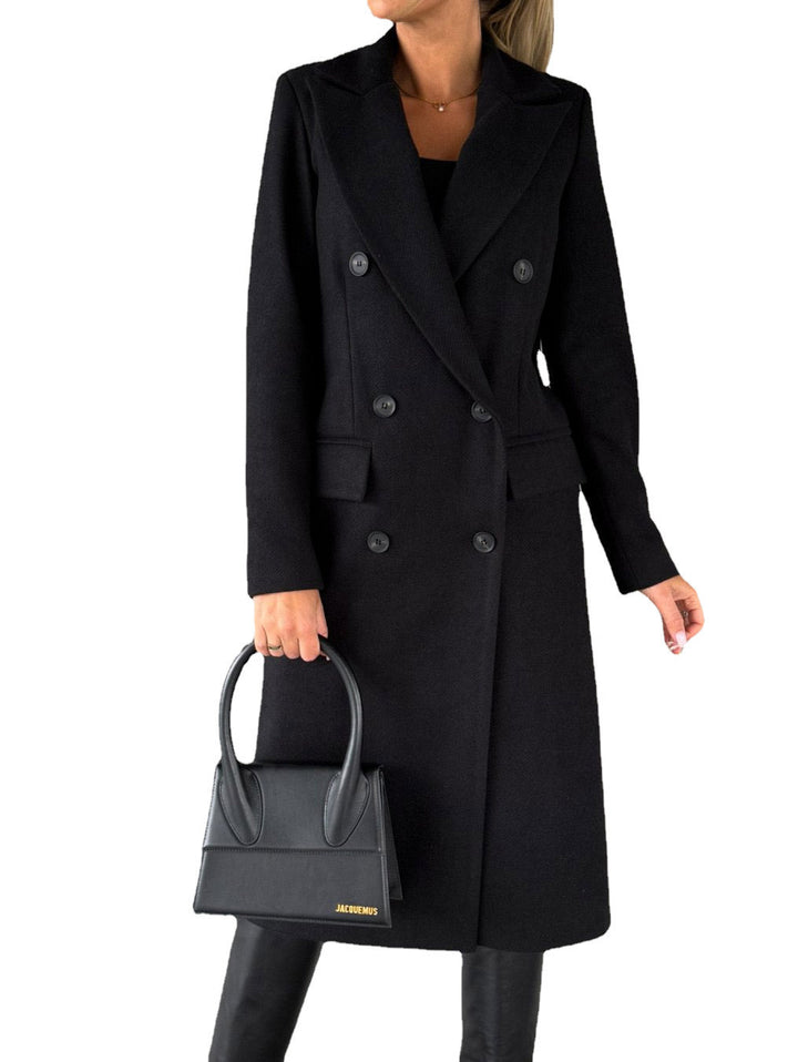 Women's Double-Breasted Midi-Length Wool Coat with Notch Lapel and Tailored Silhouette Mune Fashion