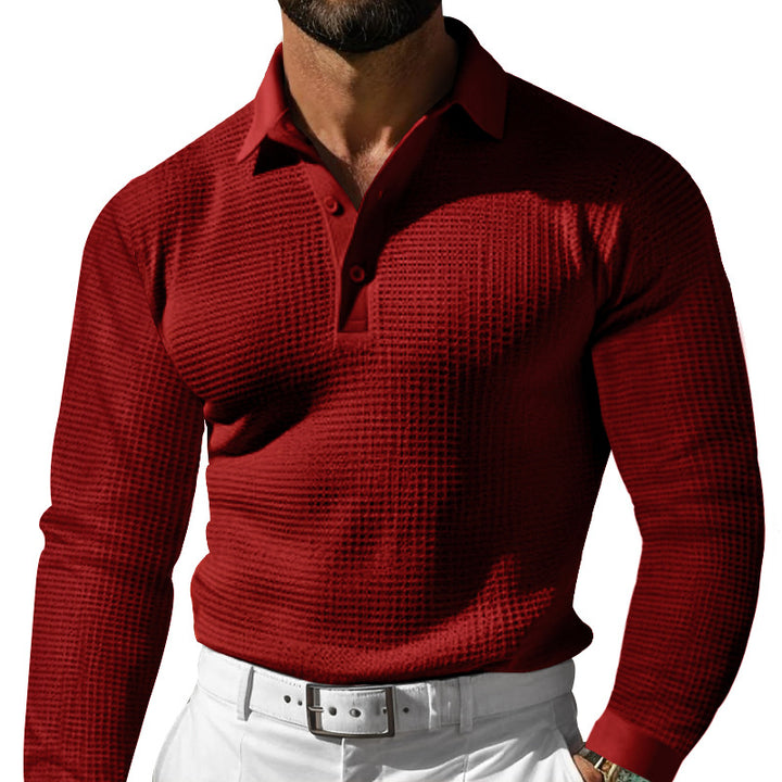 Men's Waffle Structure Polo Shirt with Long Sleeves, Slim Fit and Kent Collar Mune Fashion