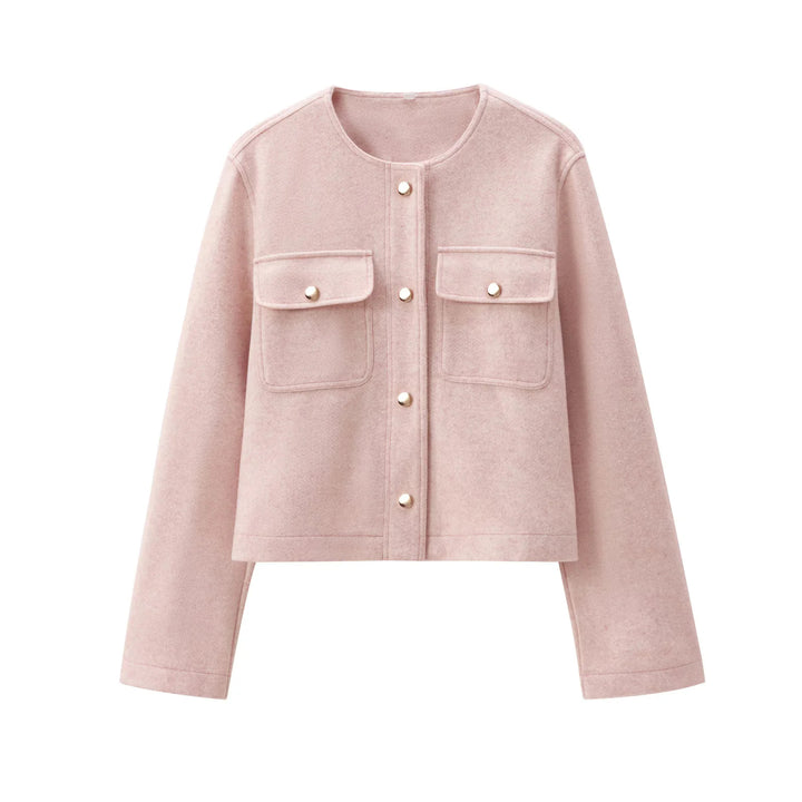 Women's short cut overshirt jacket with round neck, snap button placket and patch pockets Mune Fashion