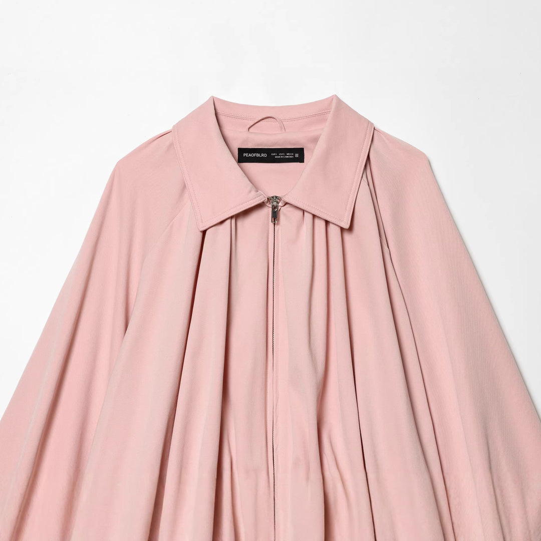Ladies' oversized pleated cape jacket with collar, zipper, and elastic hem Mune Fashion