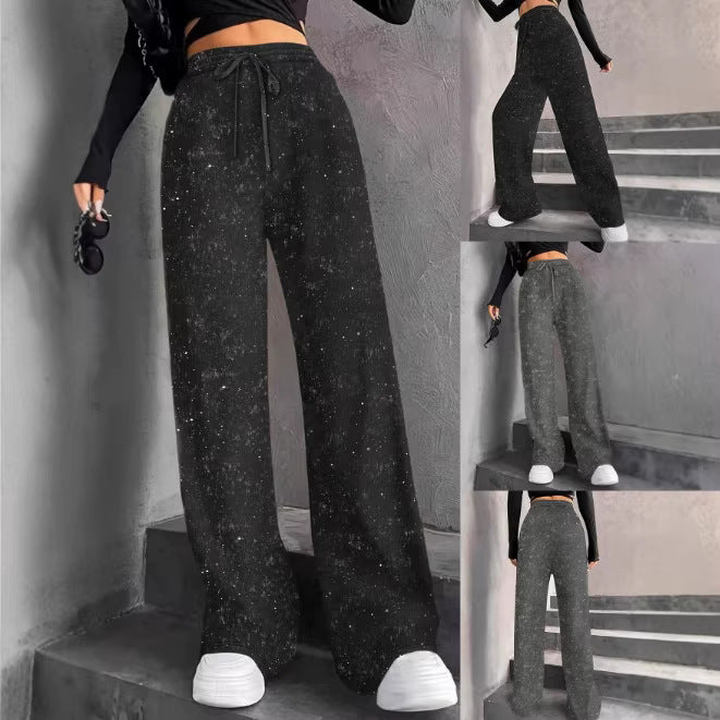 Women's wide knit pants with high-waisted waistband and drawstring Mune Fashion