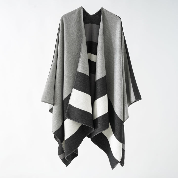 Women’s Oversize Ruana in Cape Style made of Wool Look with Geometric Block Stripes Mune Fashion