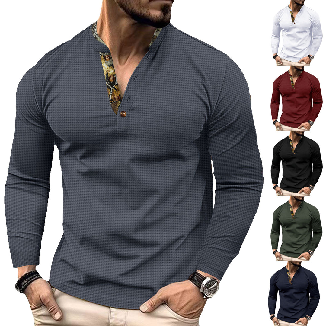 Men's long-sleeved Henley shirt with stand-up collar and patterned button placket trim Mune Fashion