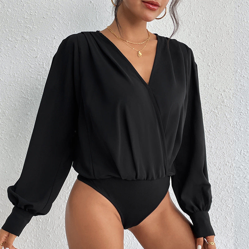 Women's Lightweight Wrap Blouse with V-Neck, Gathered Shoulders & Balloon Sleeves Mune Fashion