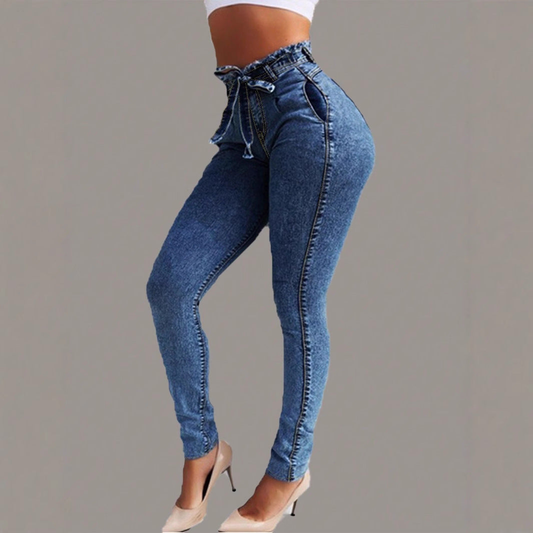 Women Paperbag High-waisted Skinny Jeans with Tie Belt Mune Fashion