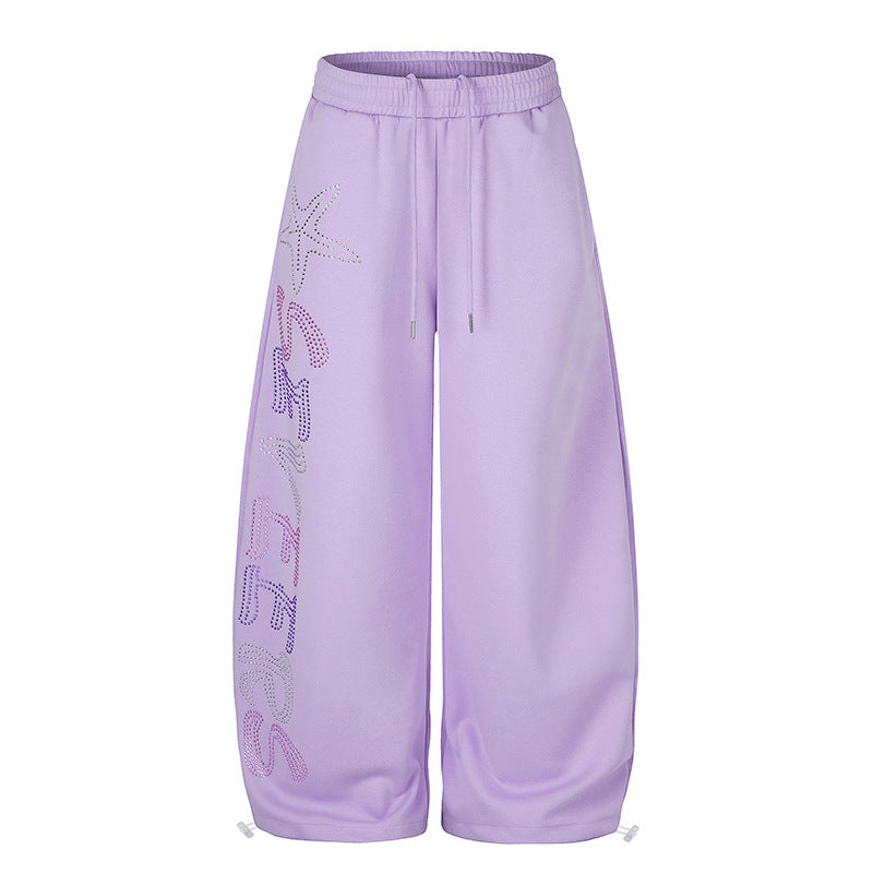 Women's Extra Wide Palazzo Jogger Pants with Drawstring Waistband, Adjustable Hem and Rhinestone Lettering Mune Fashion