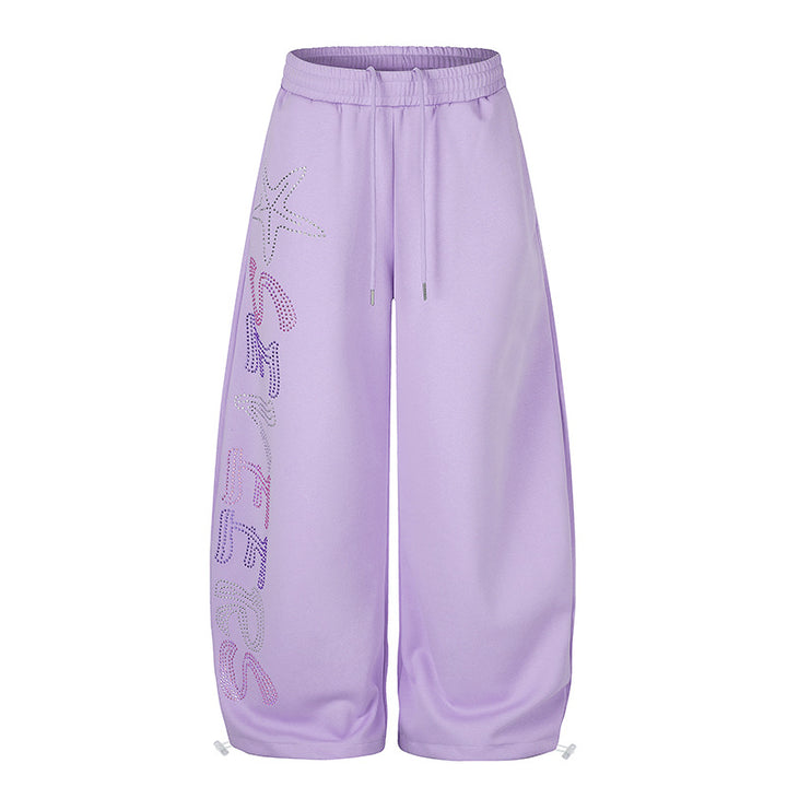 Women's Extra Wide Palazzo Jogger Pants with Drawstring Waistband, Adjustable Hem and Rhinestone Lettering Mune Fashion