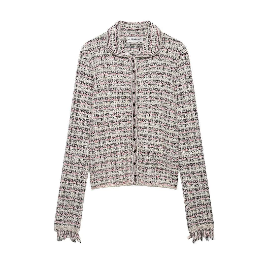 Women's tweed cardigan with round collar, continuous button placket and fringe trim Mune Fashion