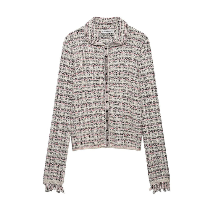 Women's tweed cardigan with round collar, continuous button placket and fringe trim Mune Fashion