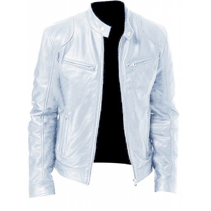Men's slim genuine leather biker jacket with stand-up collar, two zippered chest pockets and straight silhouette Mune Fashion