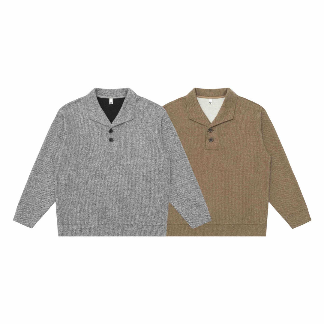 Unisex Fine Shawl Collar Sweater with Half Button Placket and Ribbed Hem