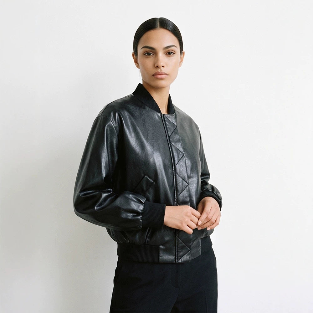 Women's Short Faux Leather Bomber Jacket with Ribbed Cuffs and Geometric Quilted Yoke Mune Fashion
