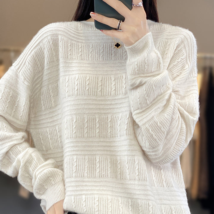 Women Oversize Fine Knit Sweater with Structural Blocks, Mohair Look and Round Neckline Mune Fashion