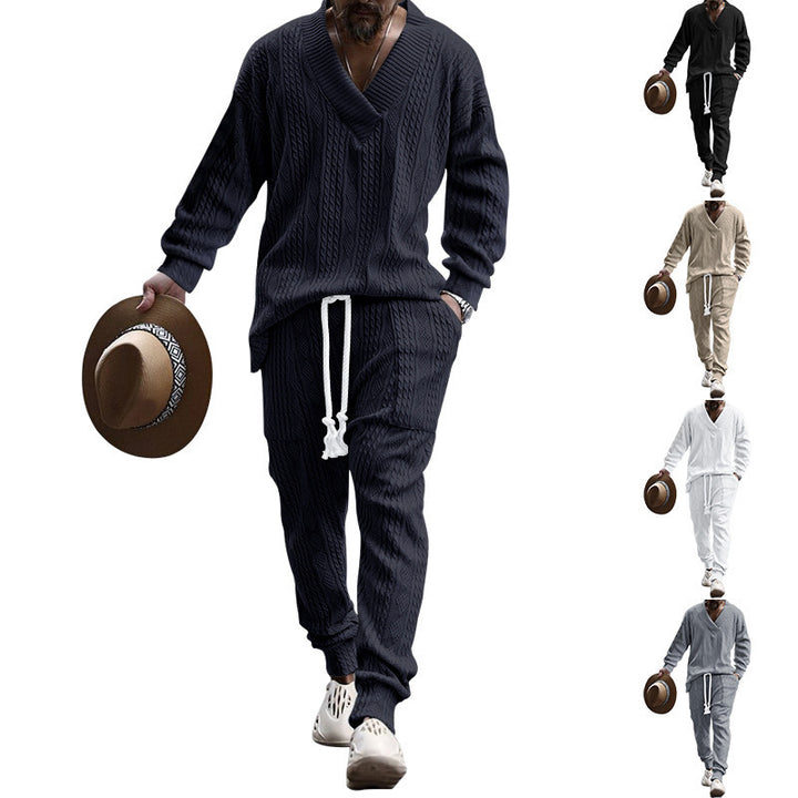 Men's oversized knit loungewear set with deep V-neck, drawstring pants and ribbed cuffs Mune Fashion