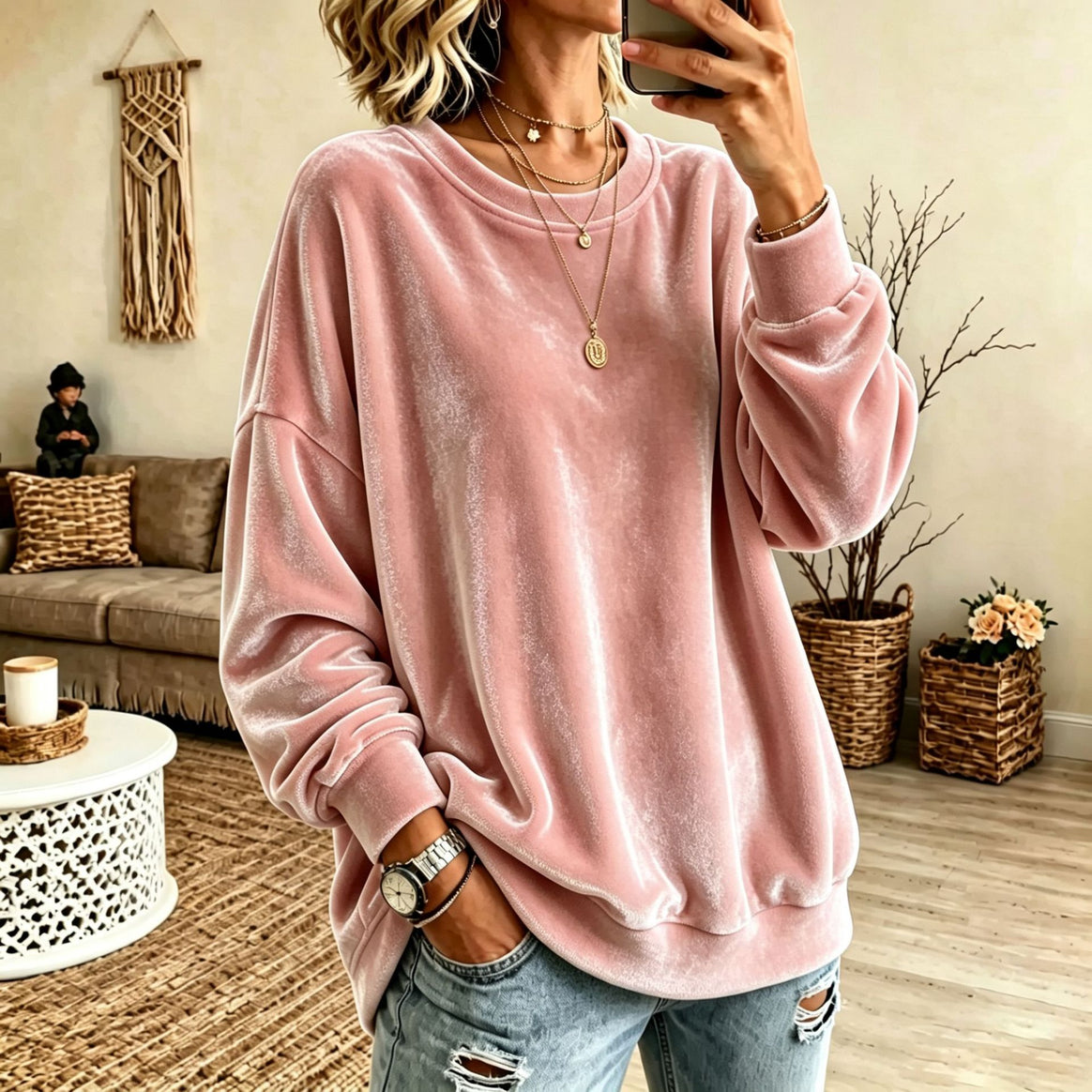 Women Oversized Velvet Sweater with Loose Fit and Ribbed Hem Mune Fashion
