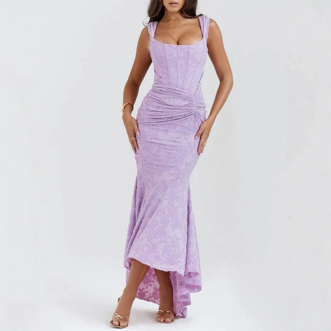 Women’s tight-fitting corset evening dress with integrated boning, ruched wrap design, and floral jacquard texture Mune Fashion