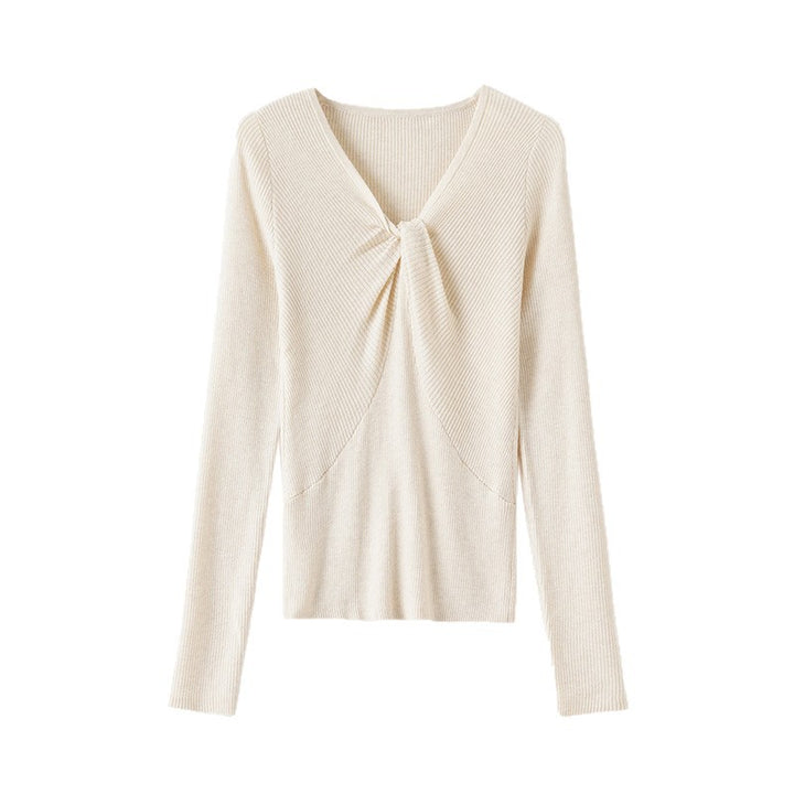 Women's fine-knit top with V-neck, twist detail, and fitted silhouette Mune Fashion