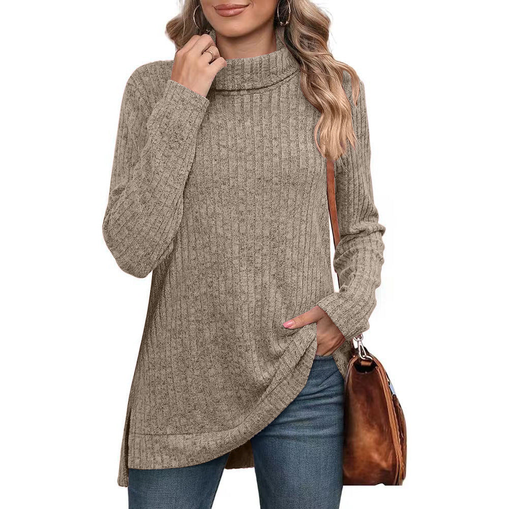 Women's ribbed knit tunic with roll neck, side slits, and extended hem Mune Fashion