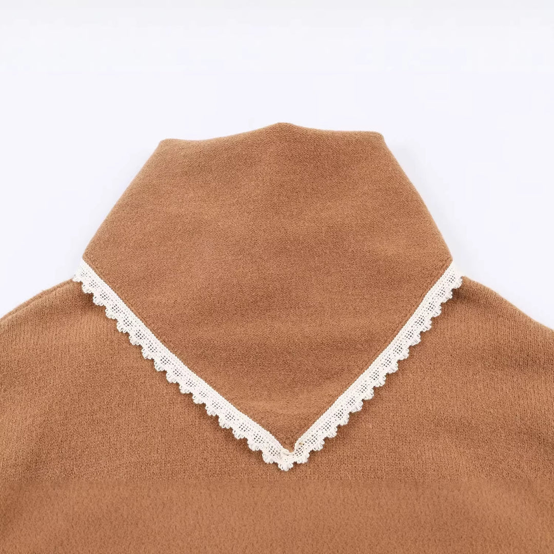 Women Oversized knit sweater with funnel neck and lace trim Mune Fashion