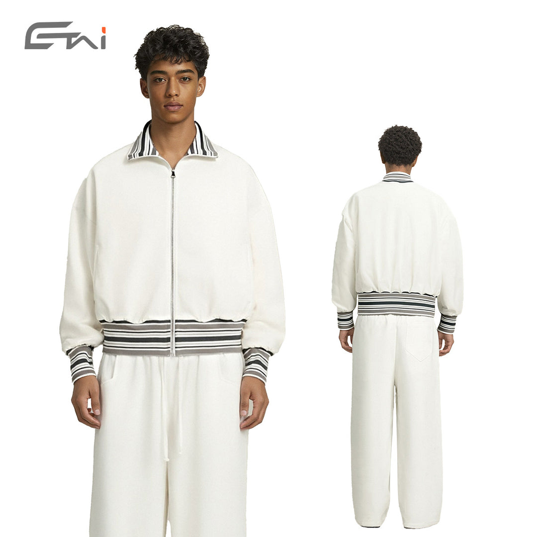 Unisex Short-cut bomber jacket with striped ribbed cuffs and stand-up collar Mune Fashion