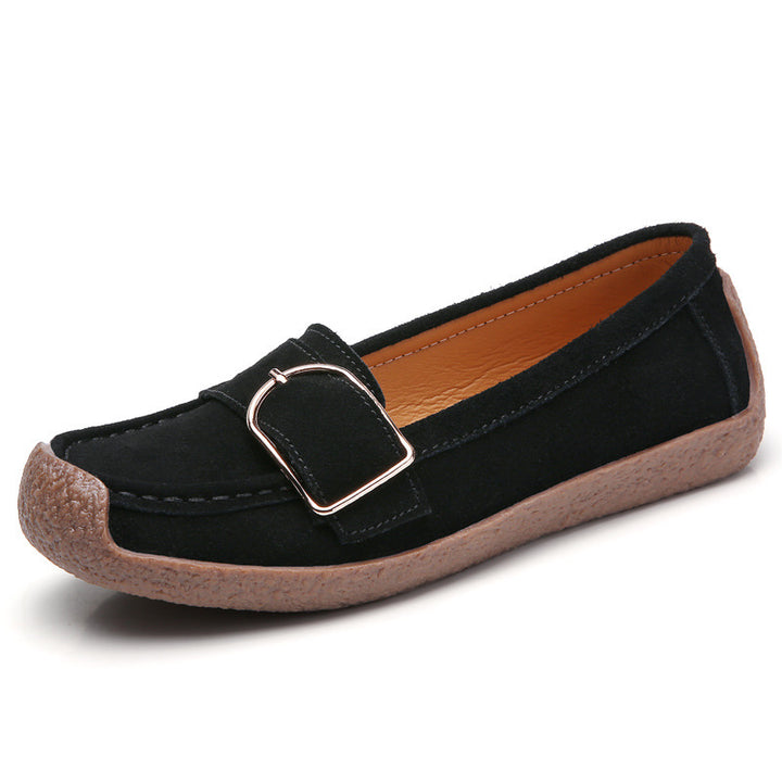 Women's moccasin slippers made of suede leather with decorative metal buckle, padded footbed, and non-slip rubber outsole Mune Fashion