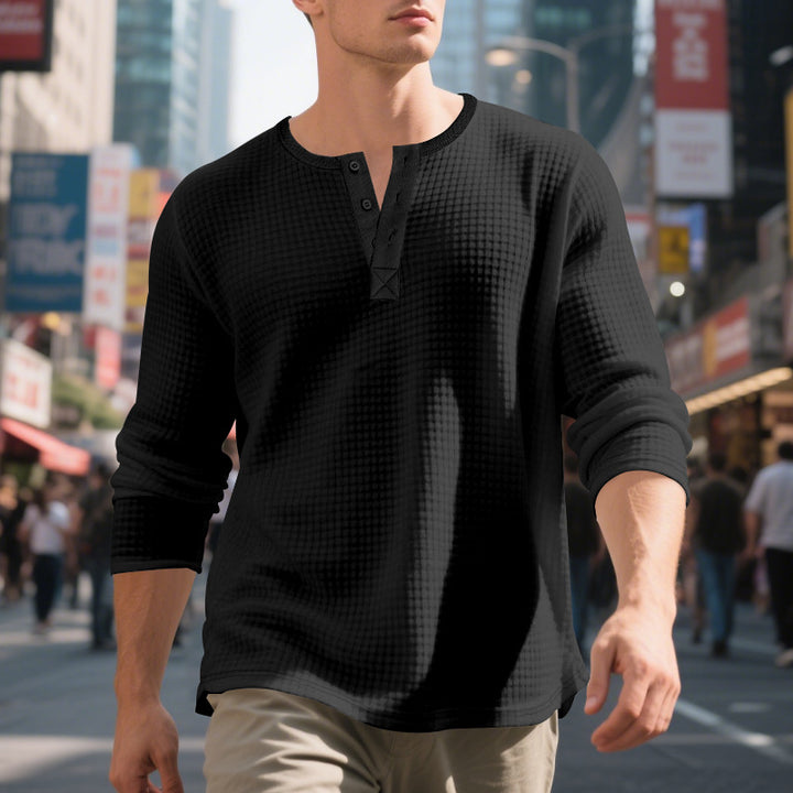 Men's Waffle Structure Henley Long Sleeve Shirt with Crew Neck, Multiple Button Placket and Relaxed Fit Mune Fashion