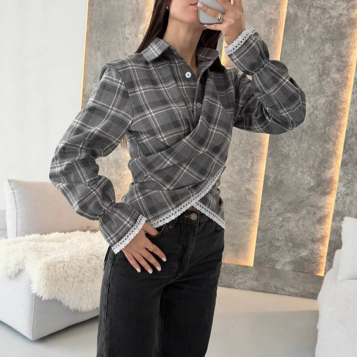 Women's checked shirt with lace trim and asymmetrical wrap hem Mune Fashion